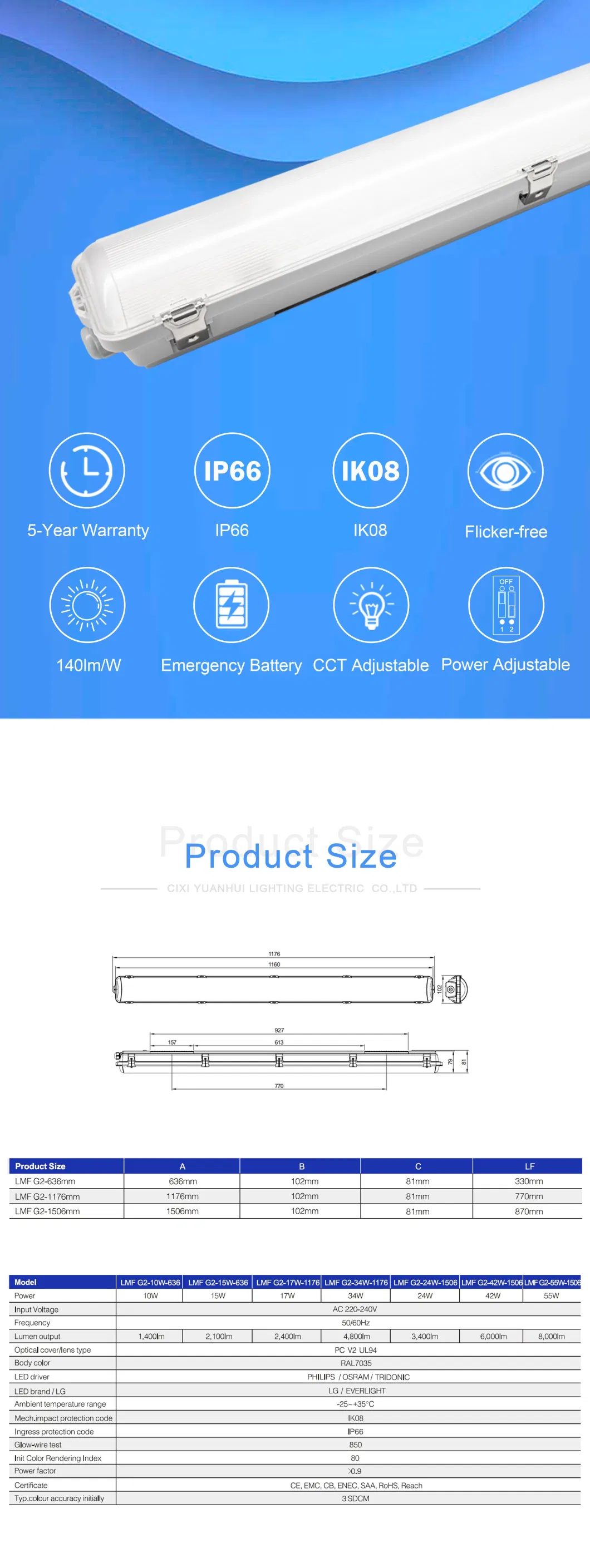 LED Tunnel Tri-Proof Lighting IP66 Oudoor 140lm/W Waterproof Linear LED Triproof Tube Light